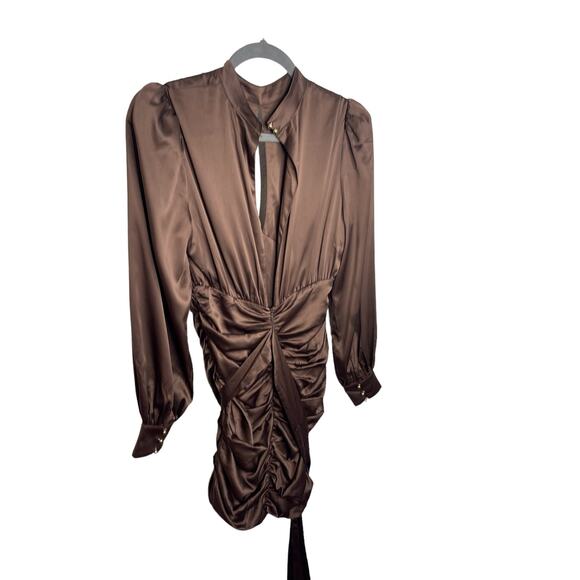 MAJORELLE Bristol Mini Dress Keyhole Neck Ruched Long Sleeve Chocolate Sz Small - Picture 6 of 14